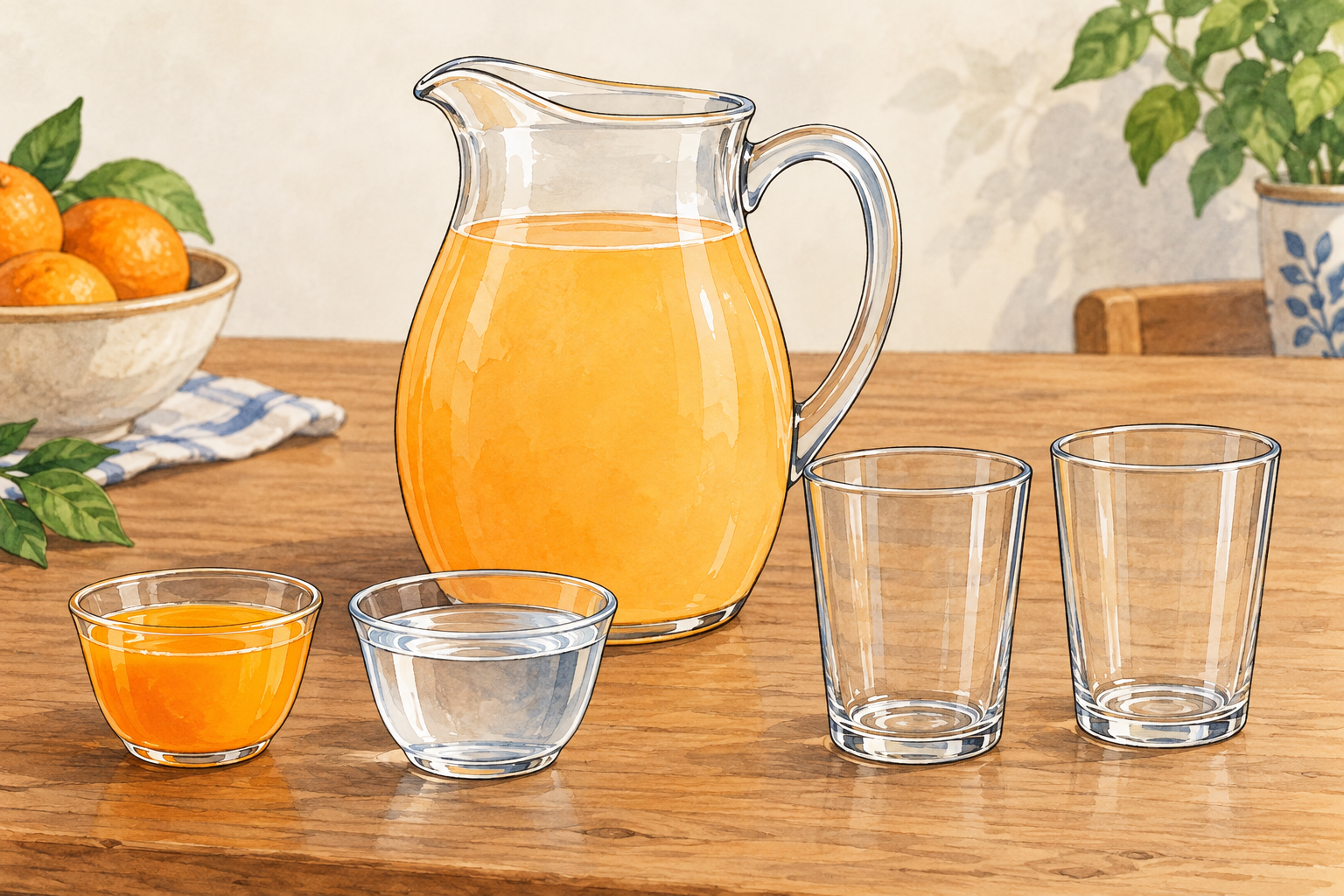 Brocca di bevanda all'arancia accanto a una coppetta di succo, una d'acqua e due bicchieri vuoti; nessuna quantità è indicata.