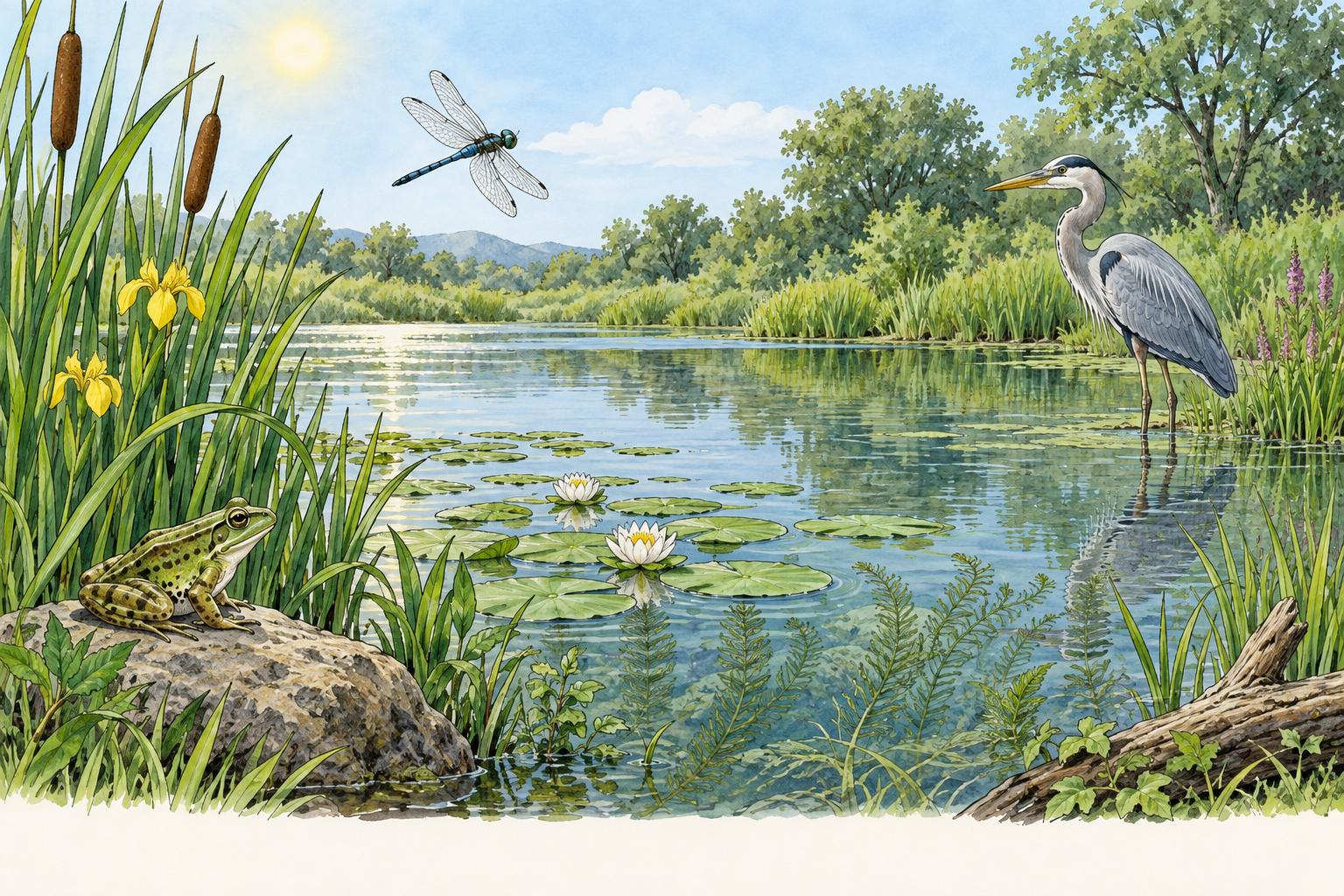 Margine di stagno illustrato con piante acquatiche, una libellula in volo, una rana su una roccia e un airone nell'acqua.