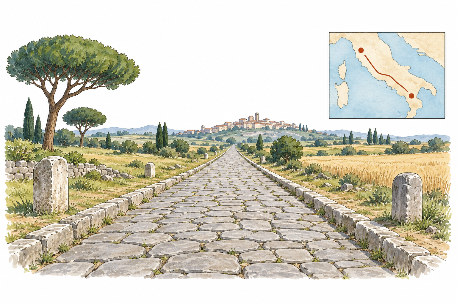 Ricostruzione illustrata di una strada lastricata con piccolo riquadro di itinerario senza date o distanze.