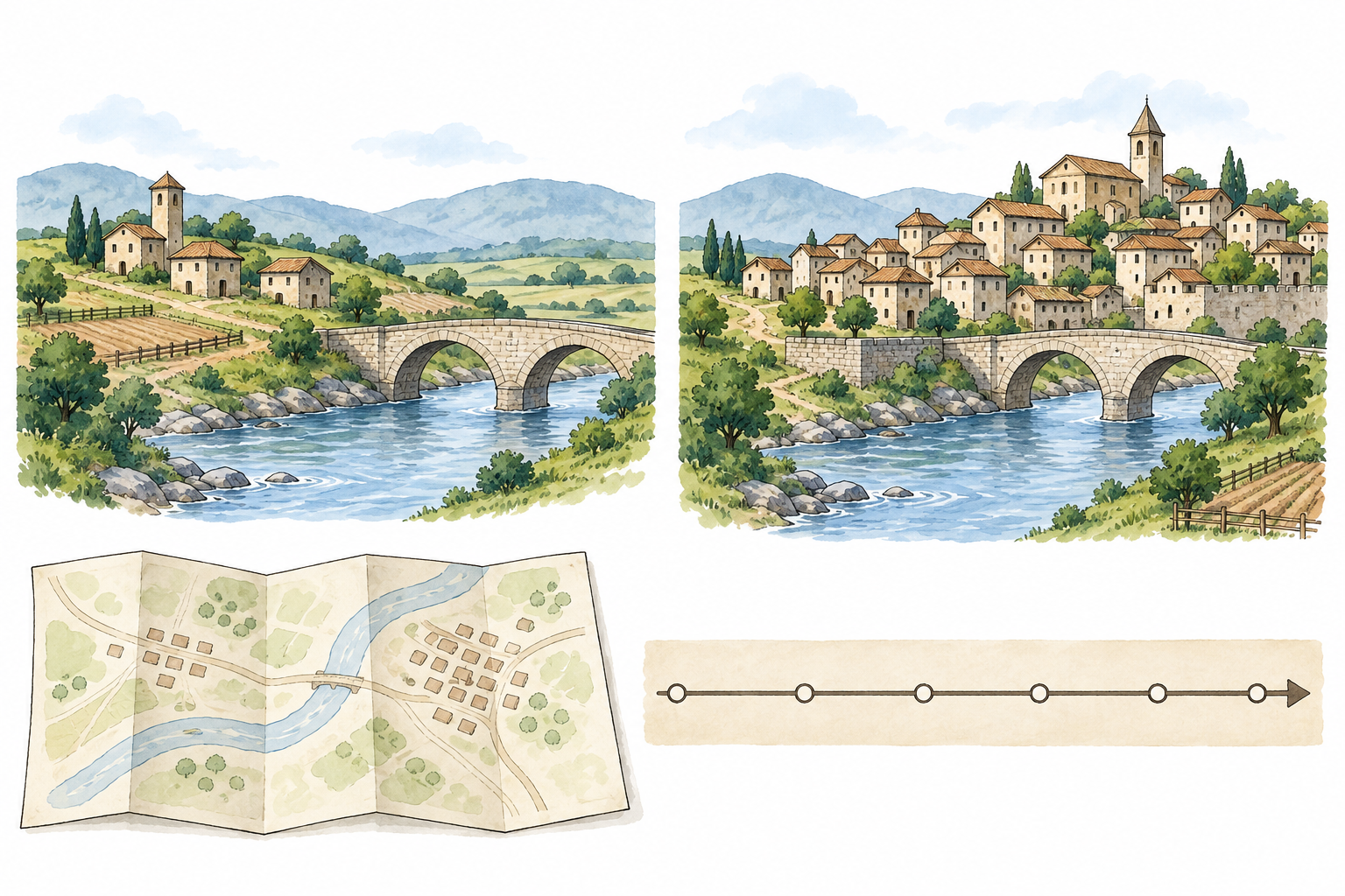 Due ricostruzioni di un villaggio inventato: a sinistra poche case presso un ponte, a destra più case presso un ponte simile; sotto, una mappa e una linea del tempo vuota.