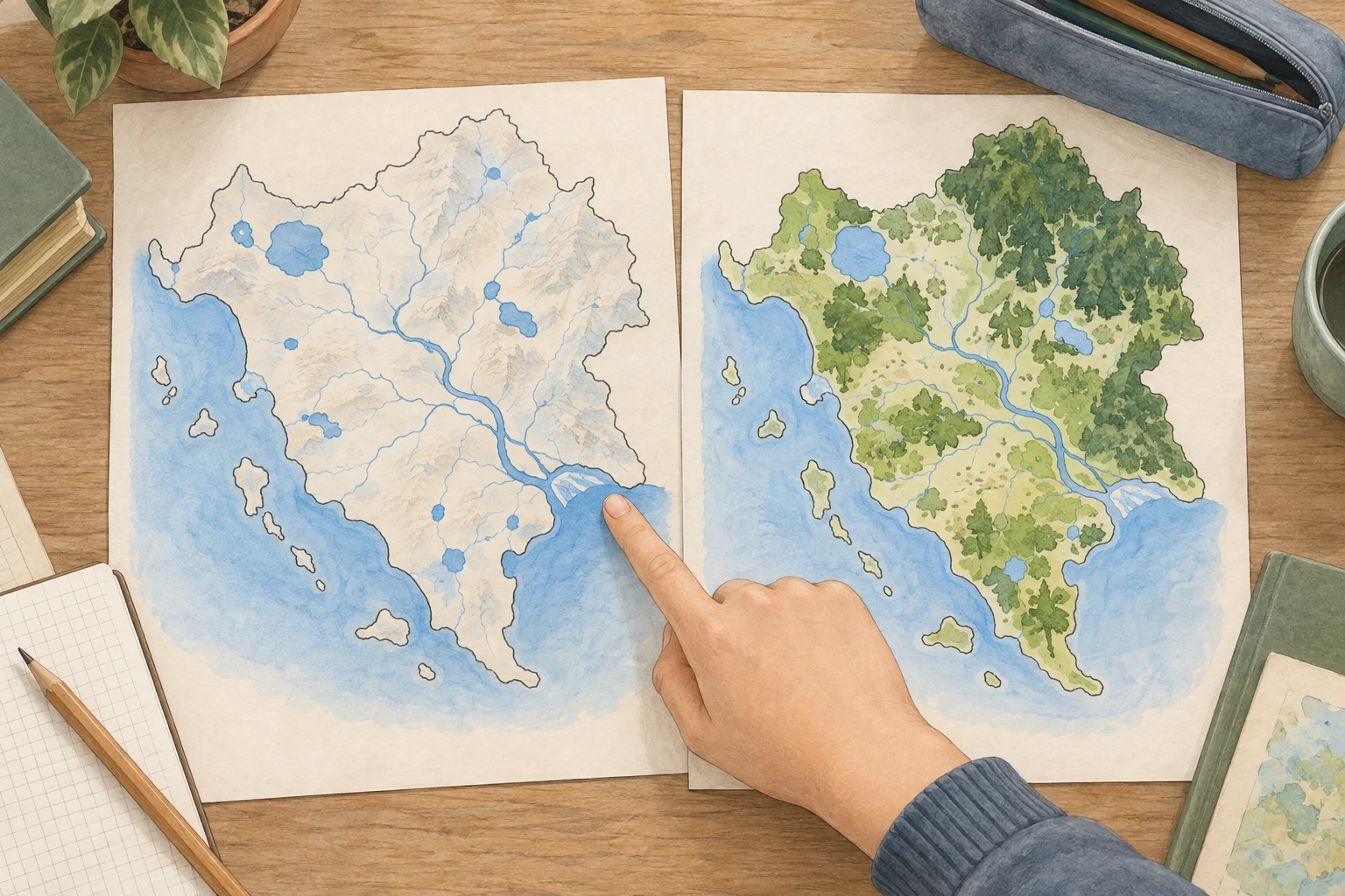 Due carte senza nomi raffigurano un territorio immaginario simile: una mette in evidenza l'acqua, l'altra la vegetazione; un dito le confronta.