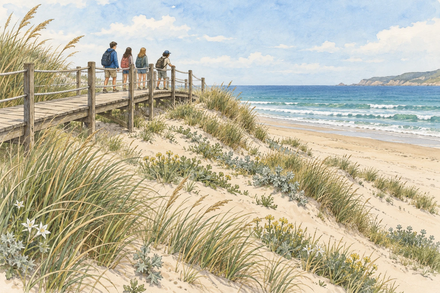 Una passerella rialzata attraversa dune sabbiose con erbe costiere verso la spiaggia; i visitatori camminano sulla passerella.