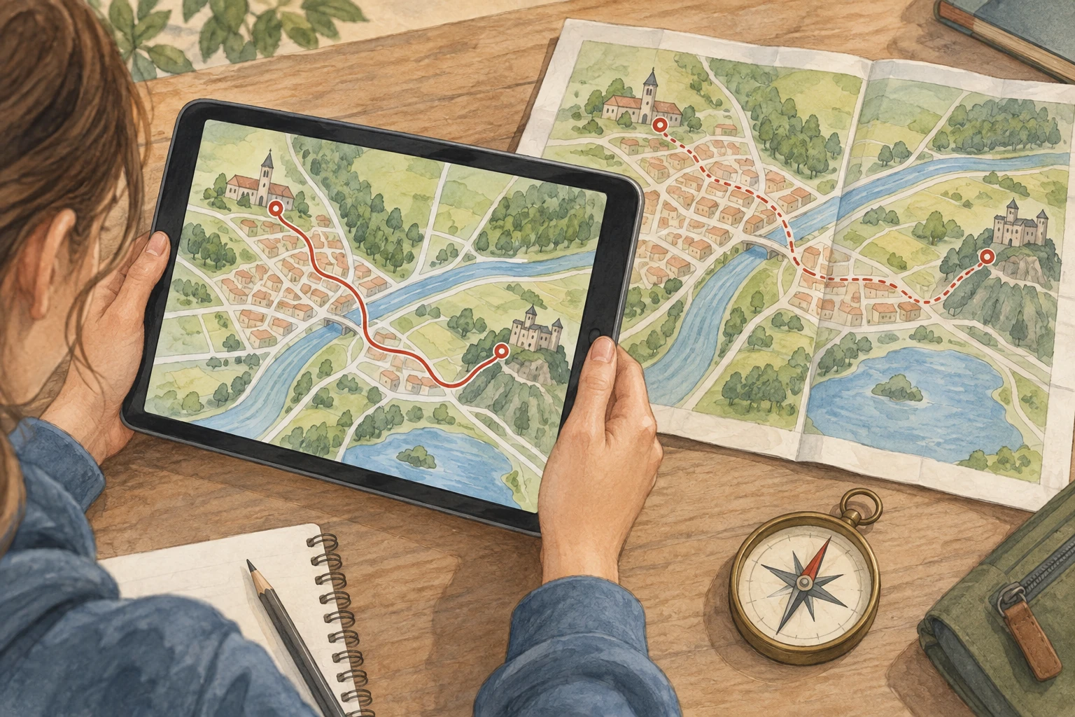 Uno studente confronta sul tablet e su carta due mappe illustrate di un luogo immaginario, con percorsi tra punti visibili.
