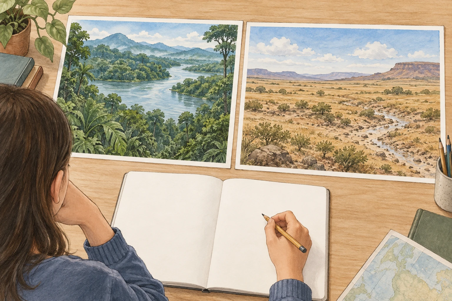 Due paesaggi illustrati immaginari: foresta con fiume e pianura aperta con arbusti e corso d'acqua scarso.