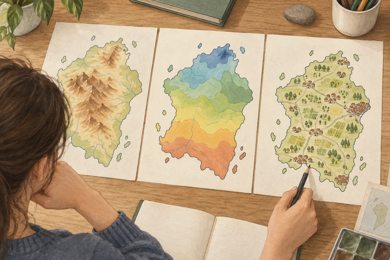 Tre carte della stessa isola immaginaria mostrano rilievo, zone colorate e distribuzione di campi e insediamenti.
