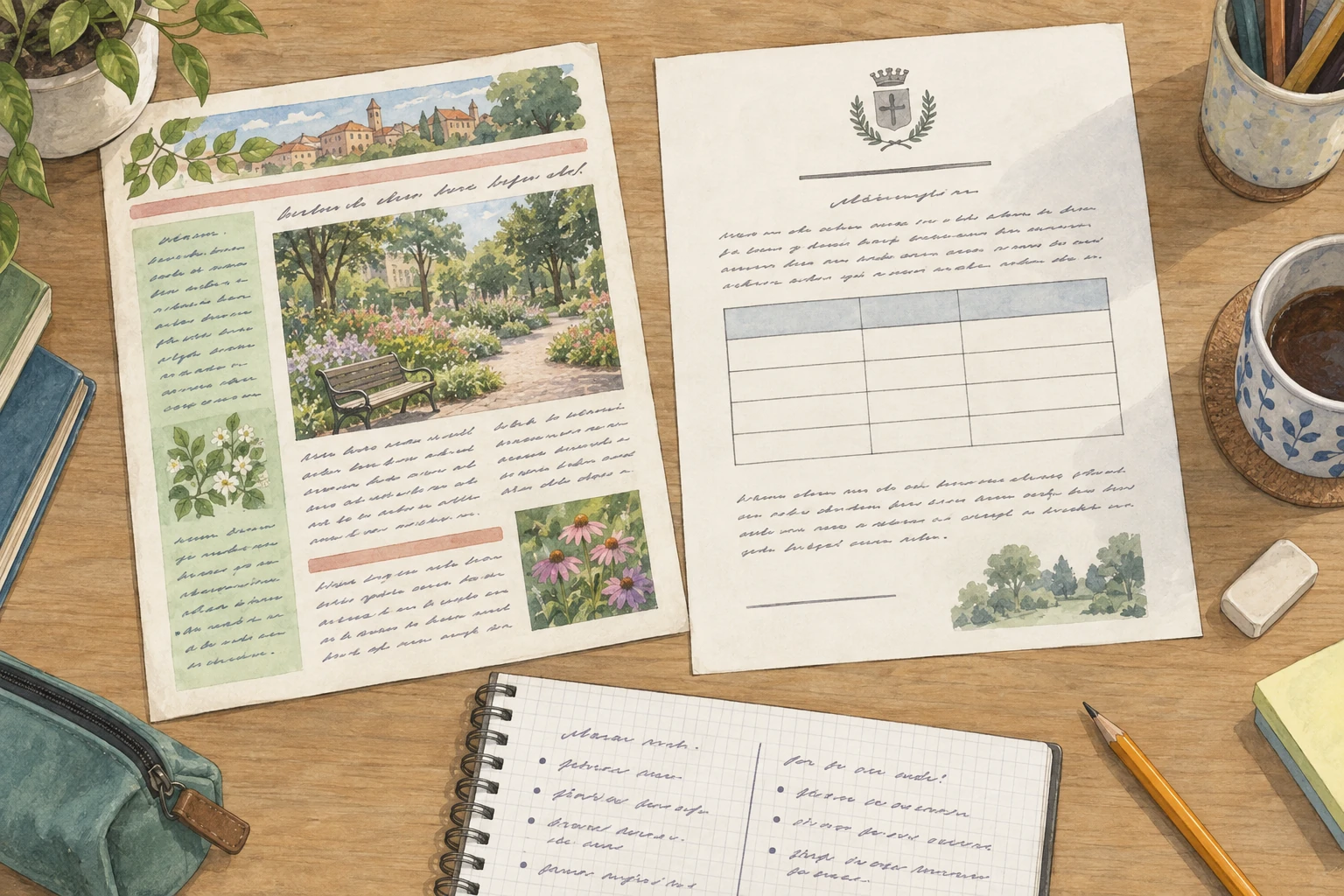 Due pagine illustrate su un giardino immaginario, una simile a un notiziario e una a un avviso, sono confrontate in un quaderno.