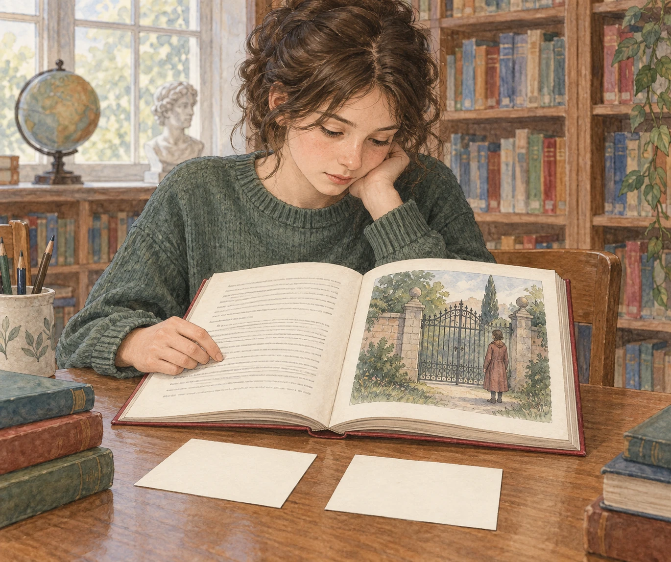 Una studentessa legge in biblioteca un racconto illustrato con un cancello chiuso e una figura in attesa; due schede bianche sono vicine.