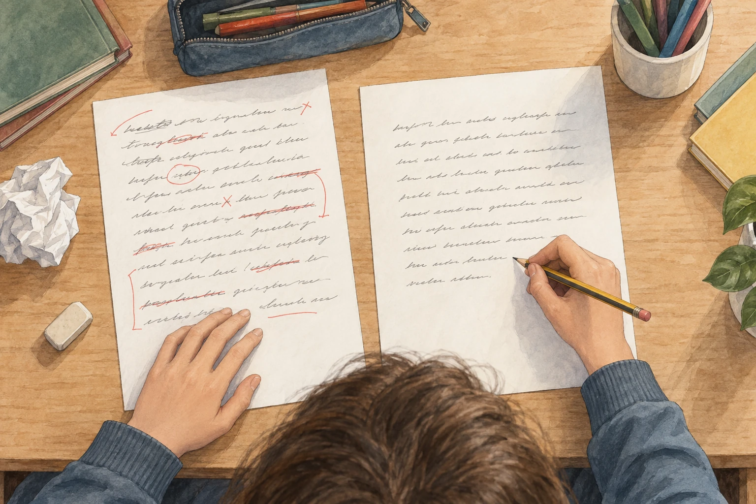 Su un tavolo ci sono una bozza con segni di correzione rossi e una seconda pagina più pulita; una mano scrive a matita.