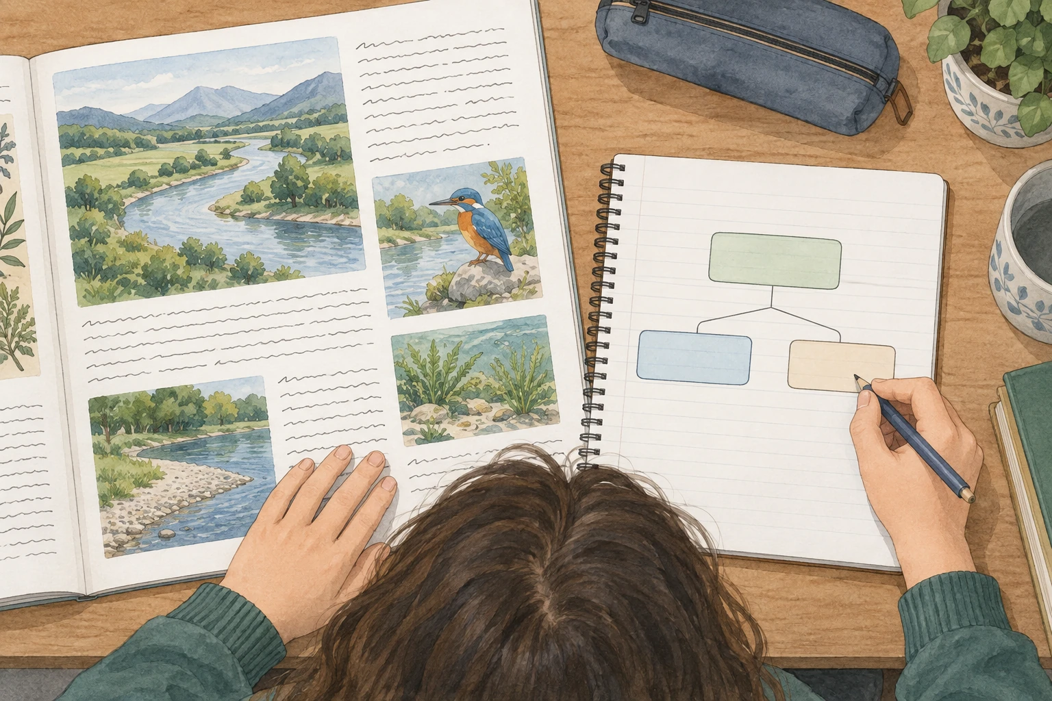 Una pagina illustrata su un fiume è aperta accanto a un quaderno con tre caselle vuote collegate in una scaletta.