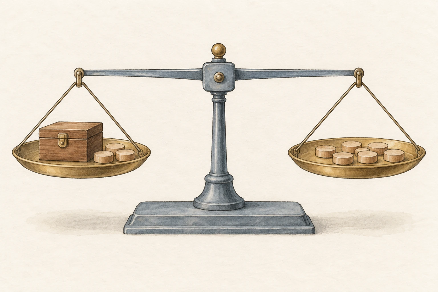 Bilancia in equilibrio: a sinistra una scatola chiusa e due gettoni uguali; a destra sei gettoni uguali.