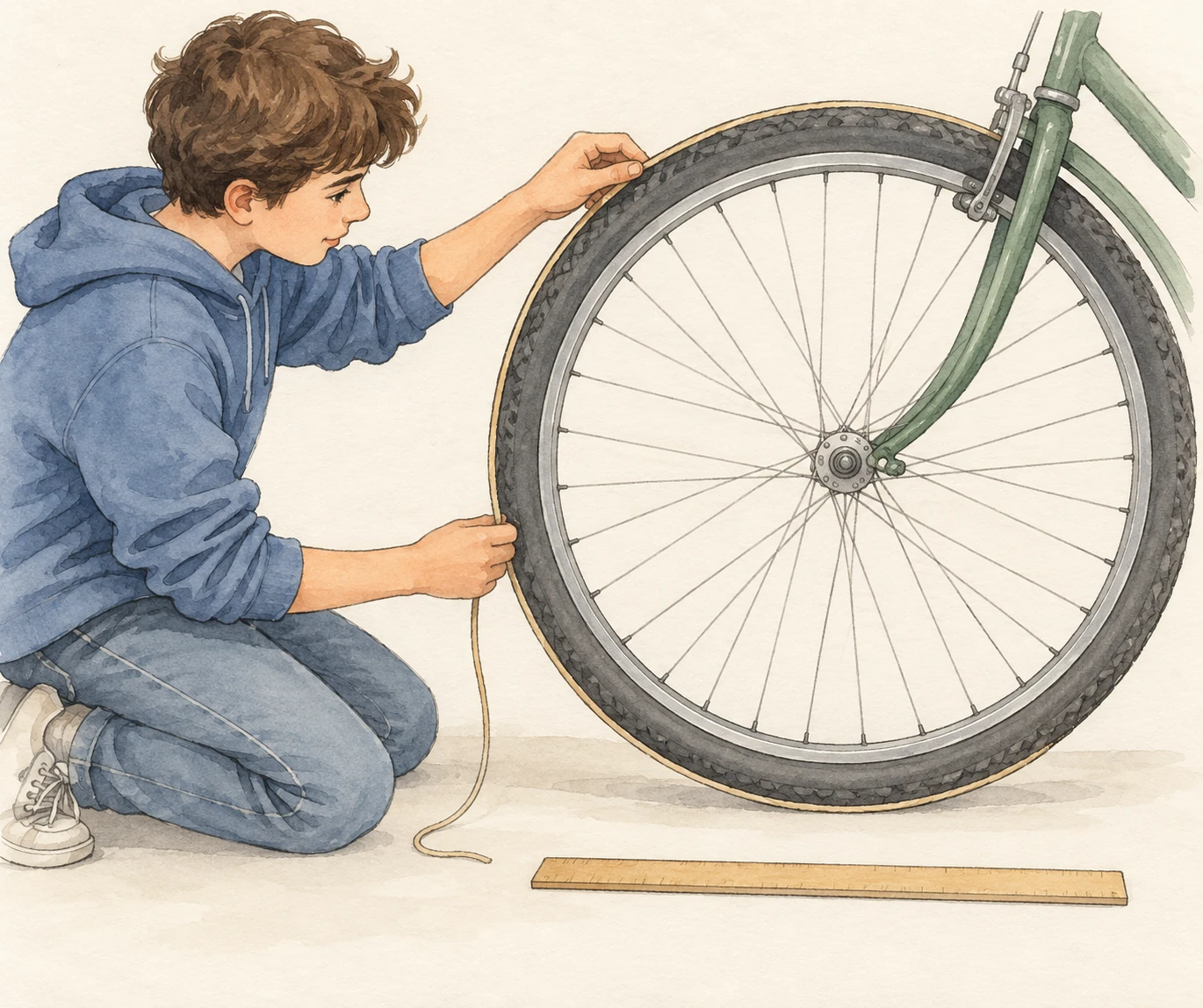 Uno studente segue il bordo di una ruota di bicicletta con uno spago; un righello è appoggiato vicino.