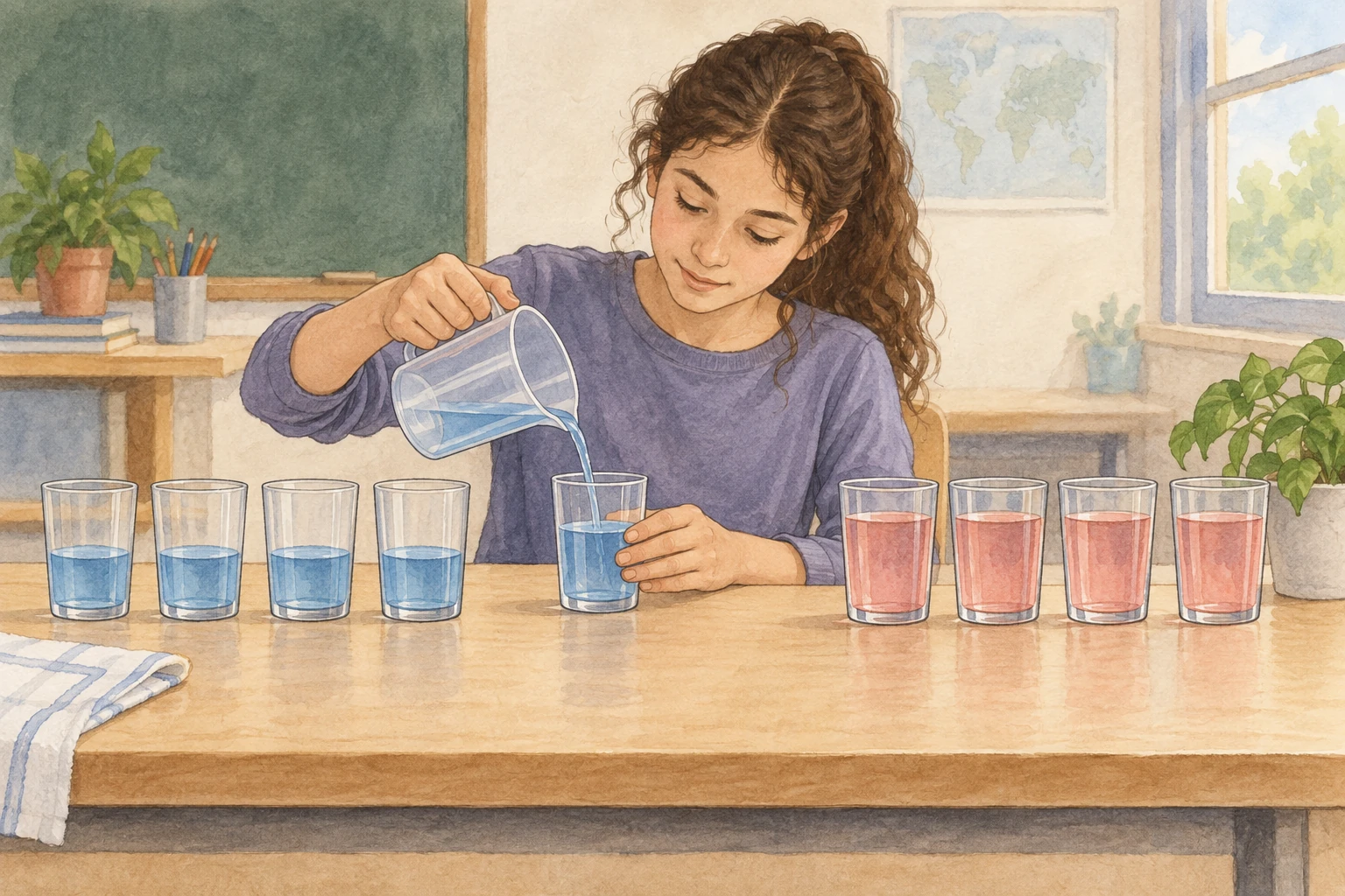 Una studentessa versa acqua in un bicchiere accanto a due gruppi separati di bicchieri con livelli diversi.
