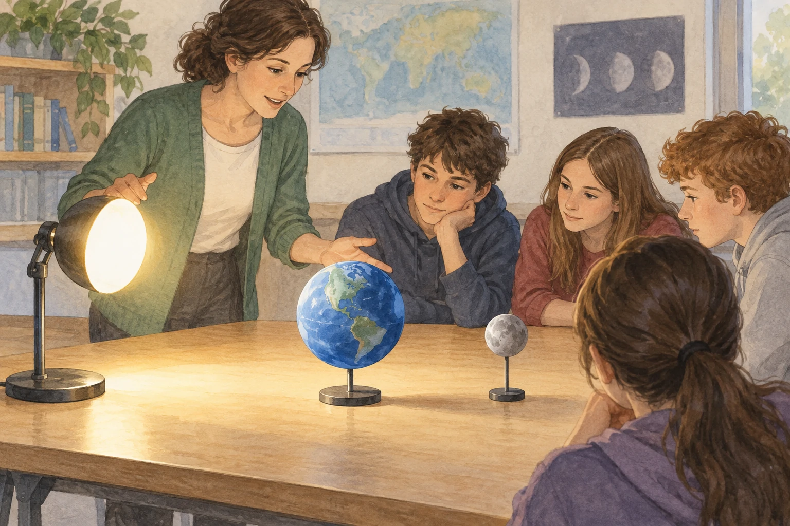 In classe una lampada illumina un globo azzurro e una sfera grigia separata, usati come modello di Sole, Terra e Luna.