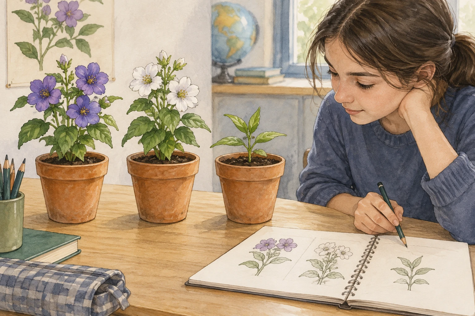 Due piante fiorite, una viola e una bianca, sono accanto a una piantina giovane senza fiori; una studentessa osserva.