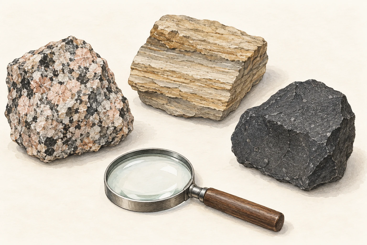 Tre campioni di roccia separati: uno a grani visibili, uno a strati e uno scuro a grana fine; una lente è accanto.