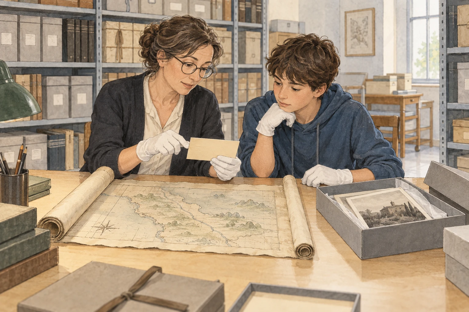 In un archivio una professionista e uno studente confrontano una scheda, una carta antica illustrata e una fotografia conservata in una scatola.
