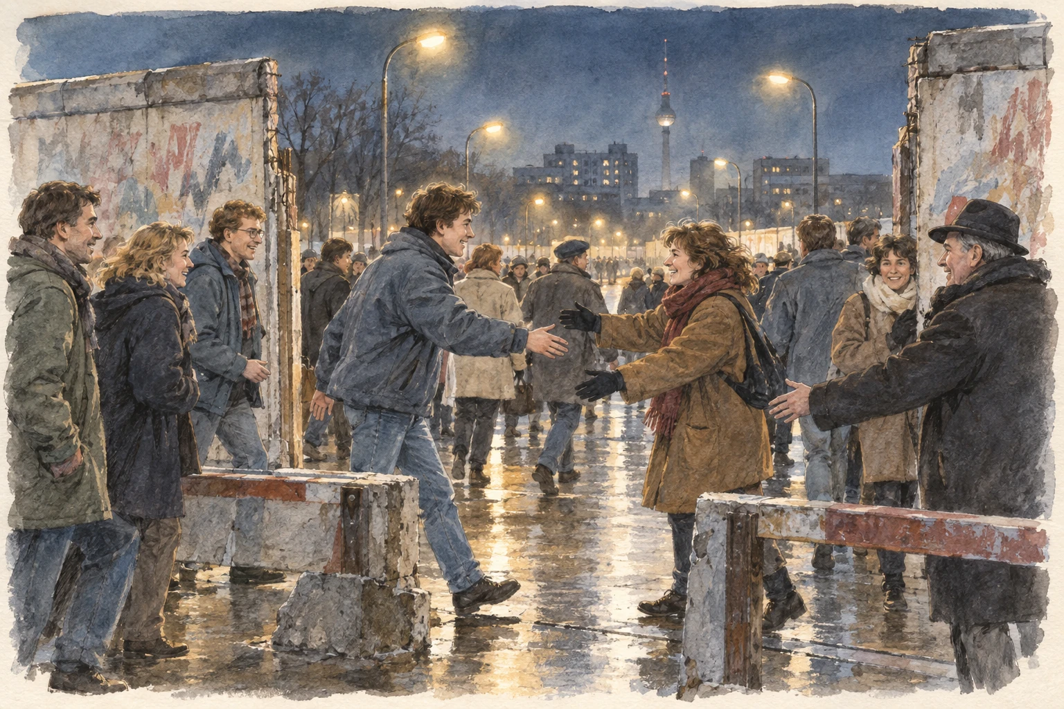 Ricostruzione illustrata di persone che si incontrano presso un varco aperto nella Berlino del 1989, di sera.