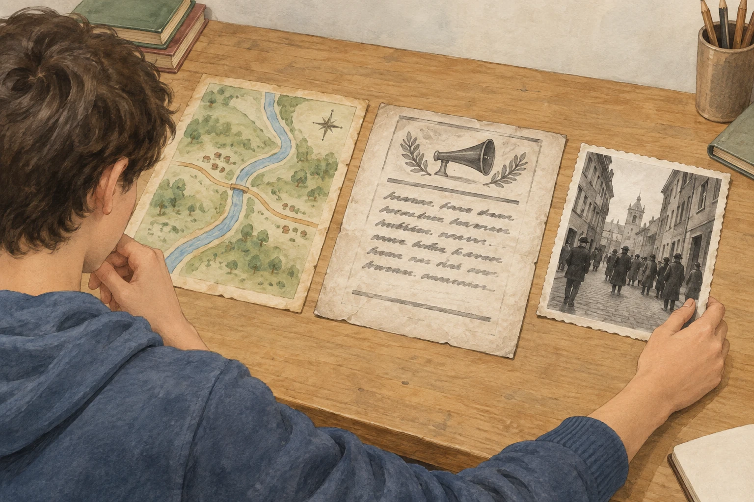 Un tavolo di ricerca raccoglie una carta, un avviso illustrato e una fotografia di strada fittizi, esaminati da uno studente.