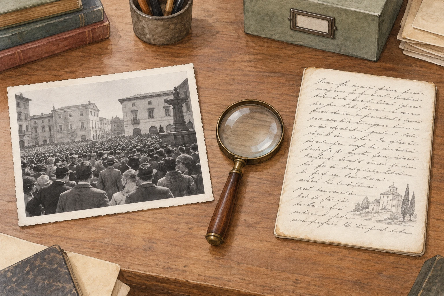 Sul tavolo di un archivio una fotografia di folla e una pagina manoscritta sono separate da una lente.