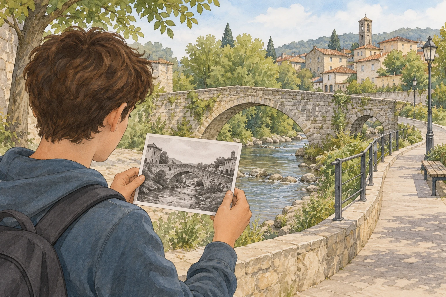 Uno studente confronta un ponte in pietra con una fotografia in bianco e nero illustrata dello stesso ponte.