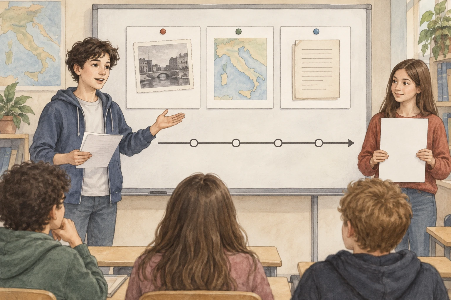 Uno studente presenta a una classe tre schede di fonte e una linea del tempo vuota; una compagna tiene una scheda bibliografica.