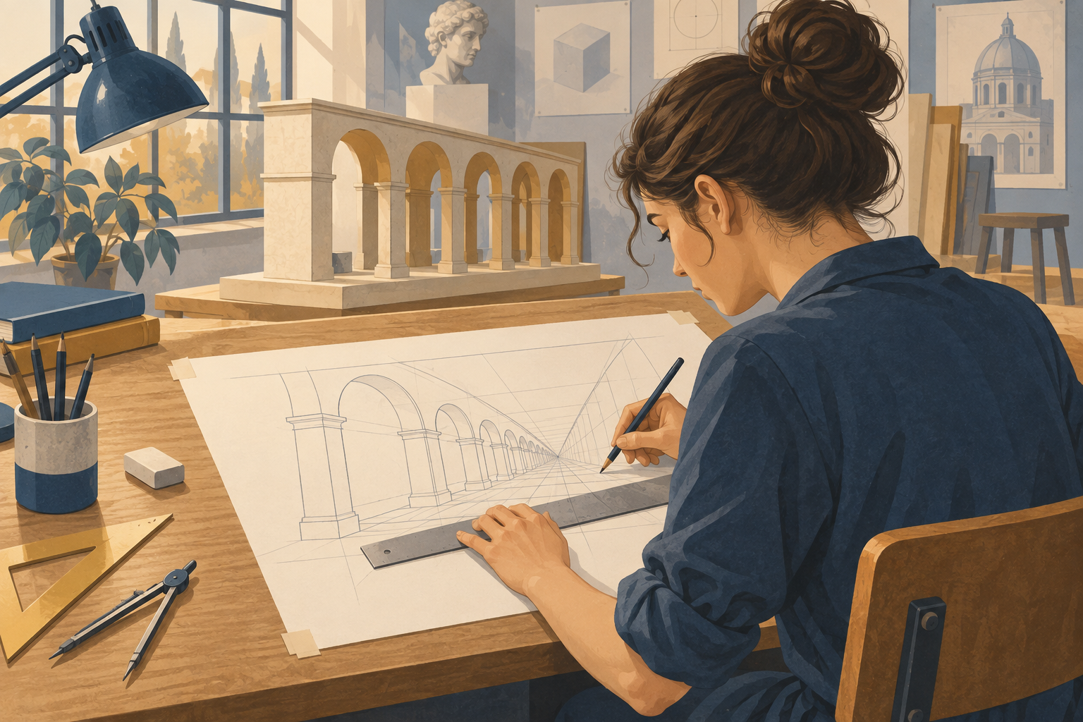 Studentessa moderna disegna un portico in prospettiva con righello, davanti a un modellino architettonico.