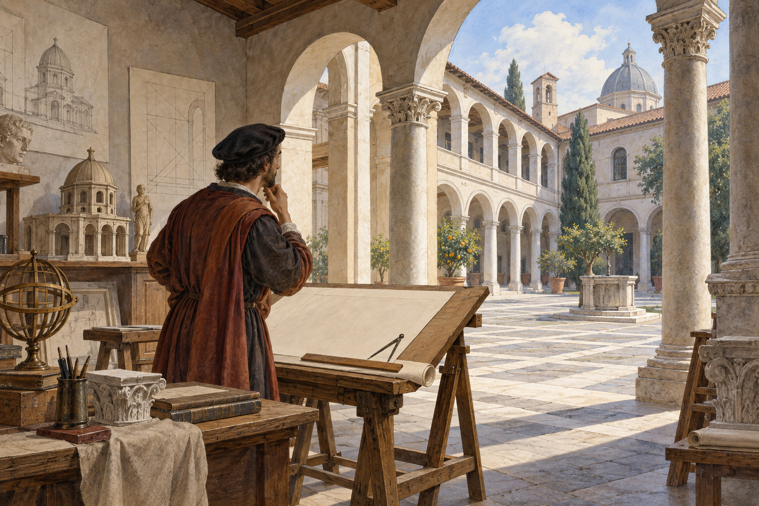 Cortile e laboratorio di aspetto rinascimentale con archi e linee architettoniche che suggeriscono profondità.