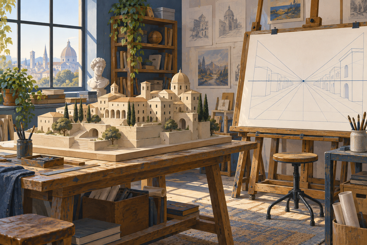 Studentessa disegna un ambiente architettonico con linee di profondità.