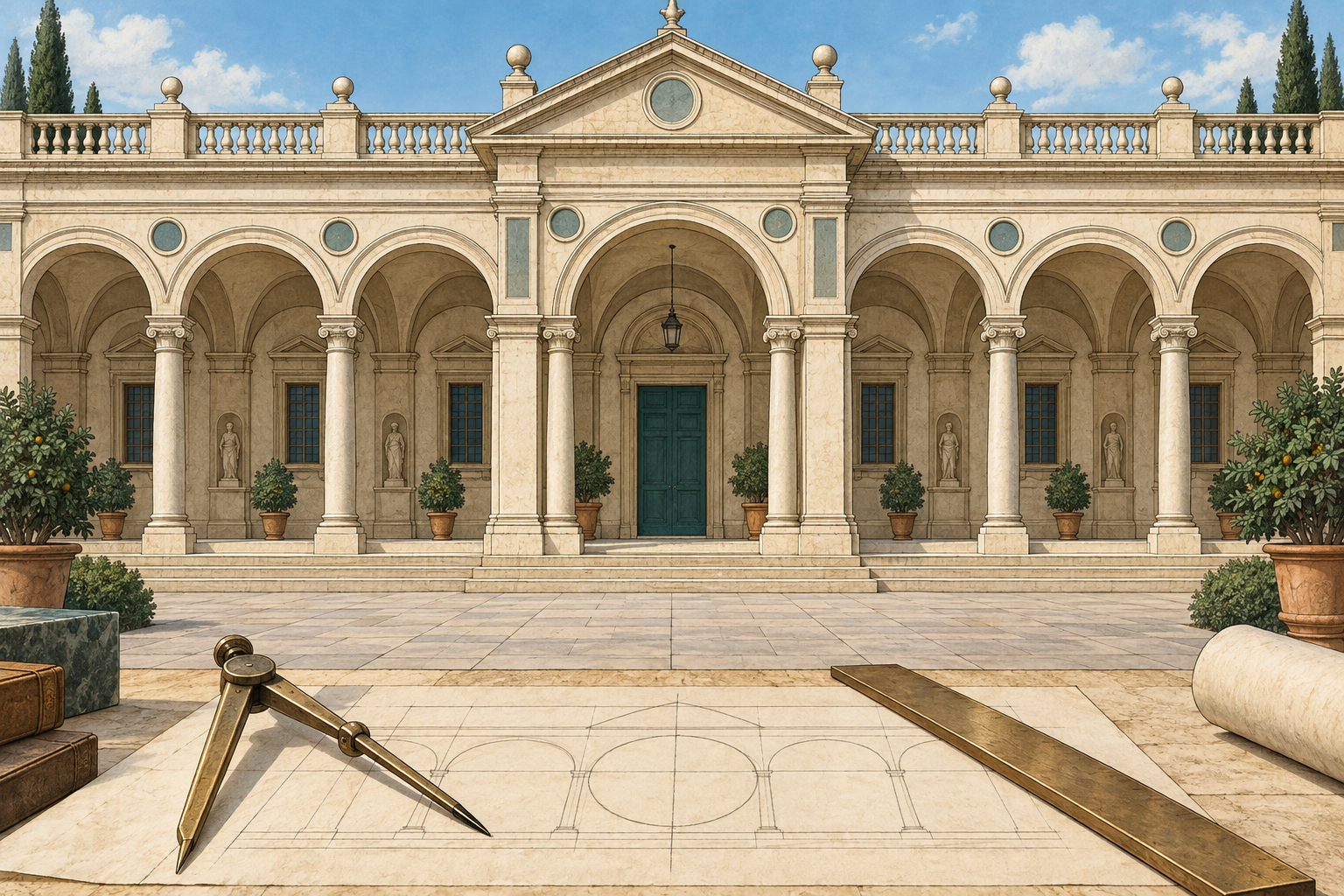 Facciata anonima e simmetrica con archi ripetuti, colonne e asse centrale; in primo piano compasso e riga su un disegno privo di quote.