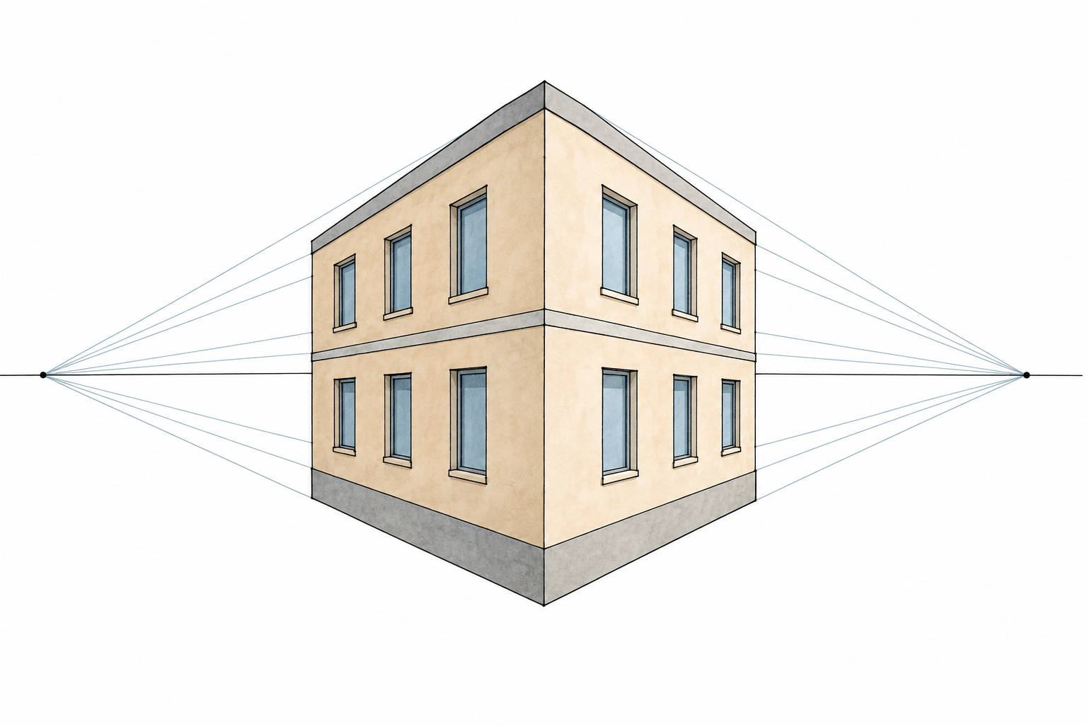Edificio visto di spigolo con verticali dritte; le due famiglie di linee di profondità convergono a due punti distinti sulla stessa linea d’orizzonte.