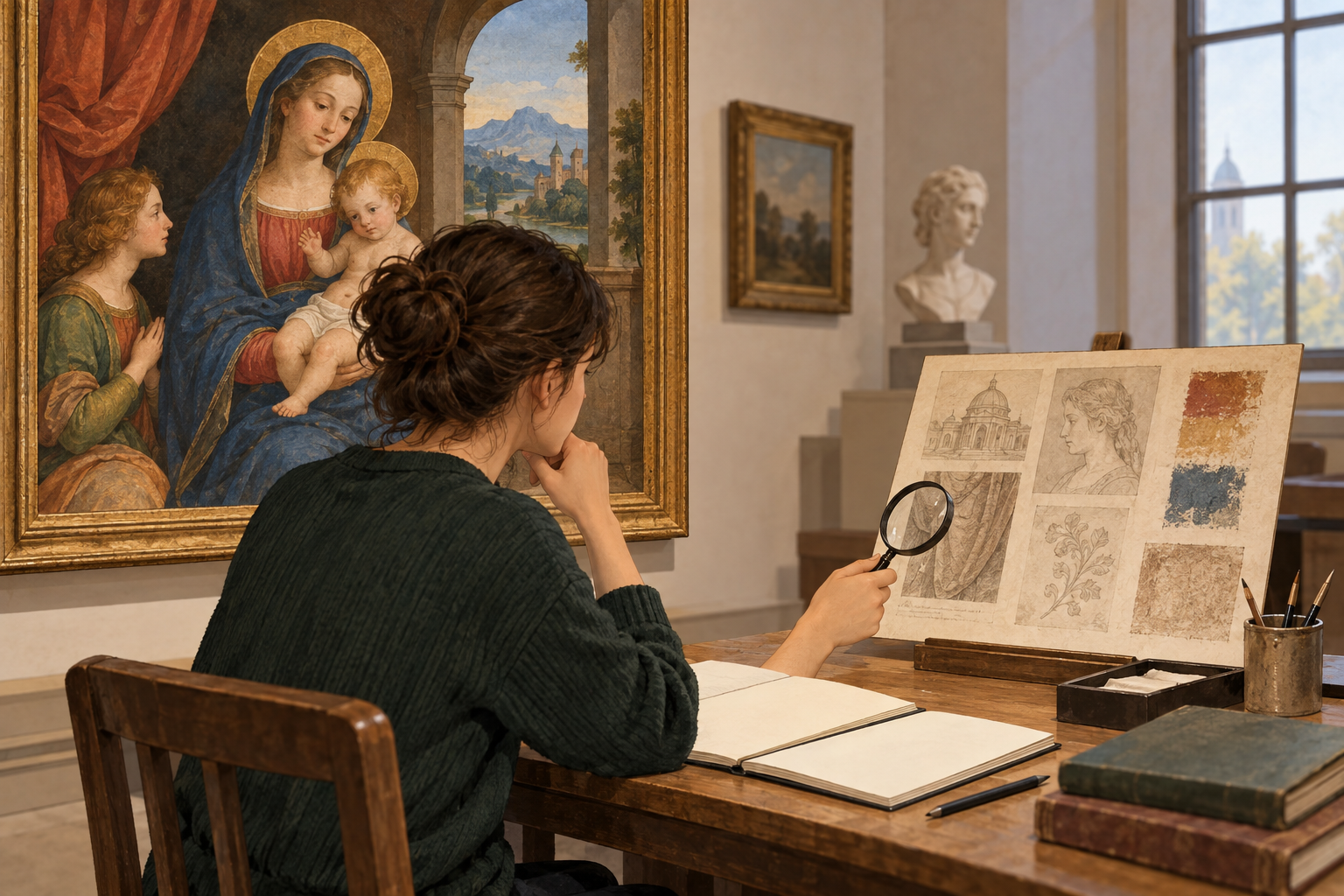 Una studentessa osserva un dipinto anonimo di stile rinascimentale e confronta separatamente immagini e materiali di studio senza attribuzioni scritte.