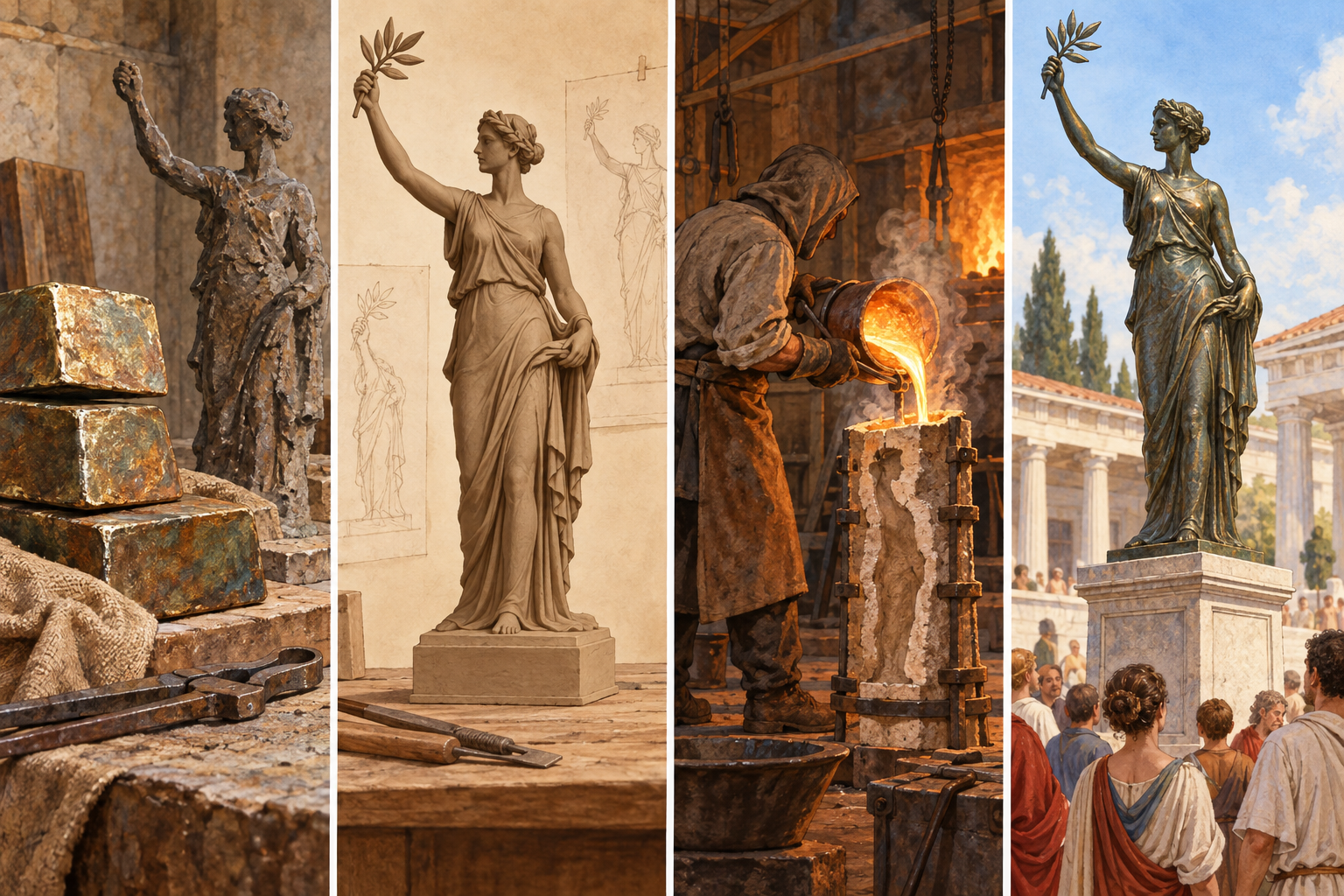 Quattro pannelli mostrano bronzo, modello di una statua, artigiano che la fonde e statua finita esposta in uno spazio civico.