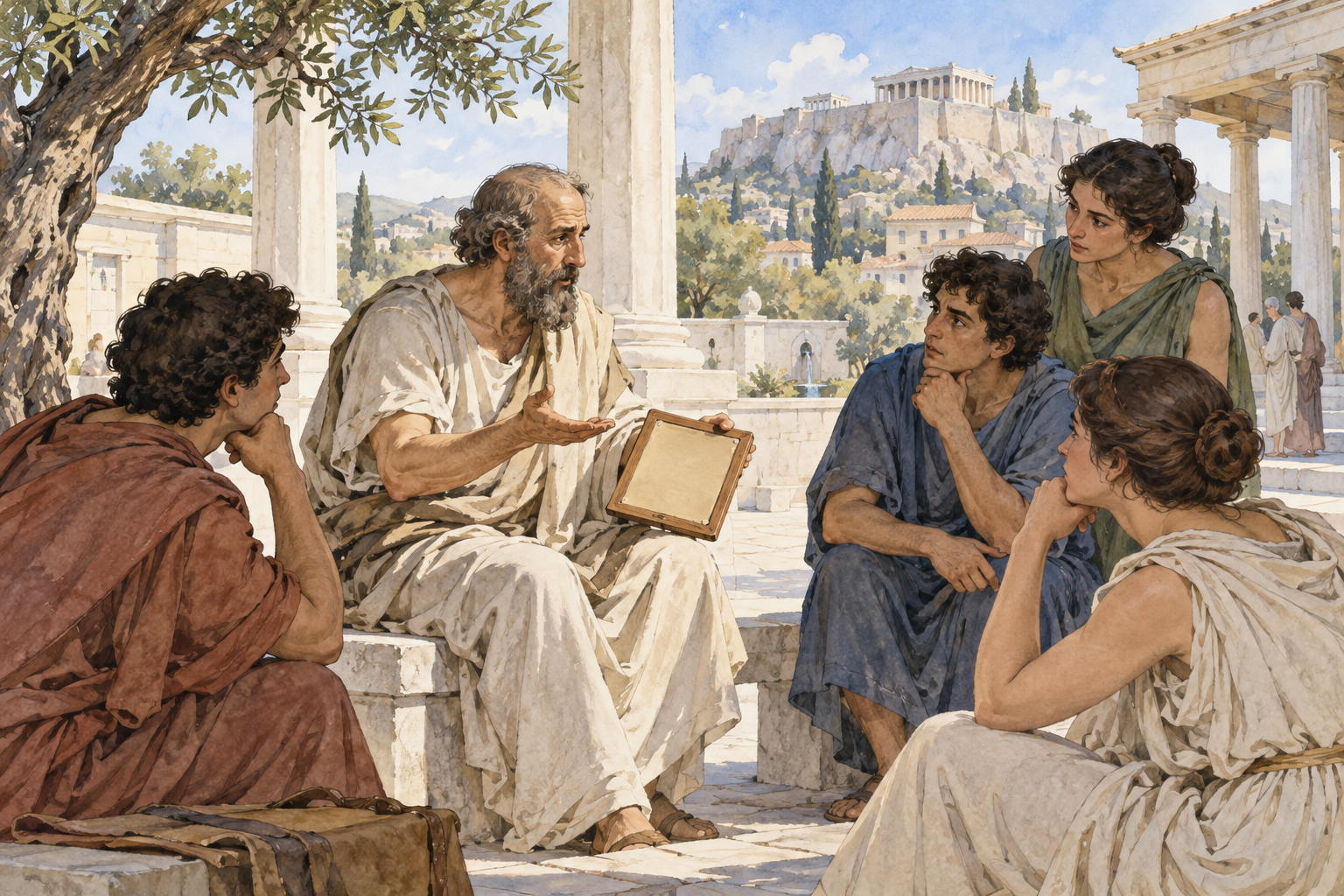 Piccolo gruppo di persone in abiti greci antichi dialoga attorno a una tavoletta senza scritte leggibili.