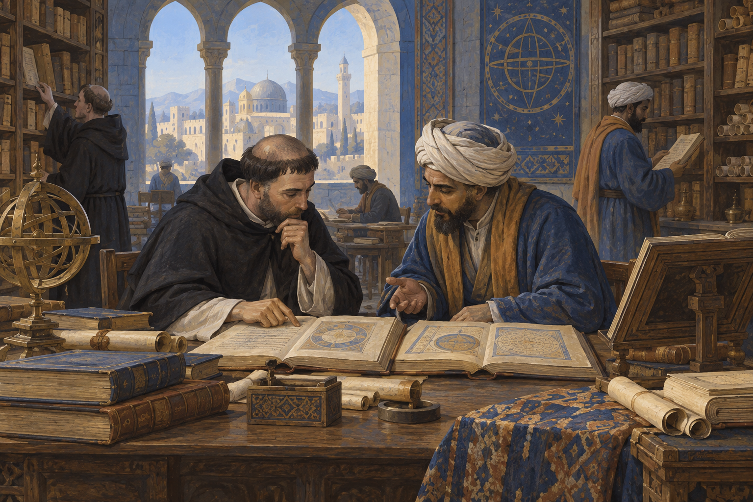 Biblioteca medievale immaginaria con studiosi e libri.