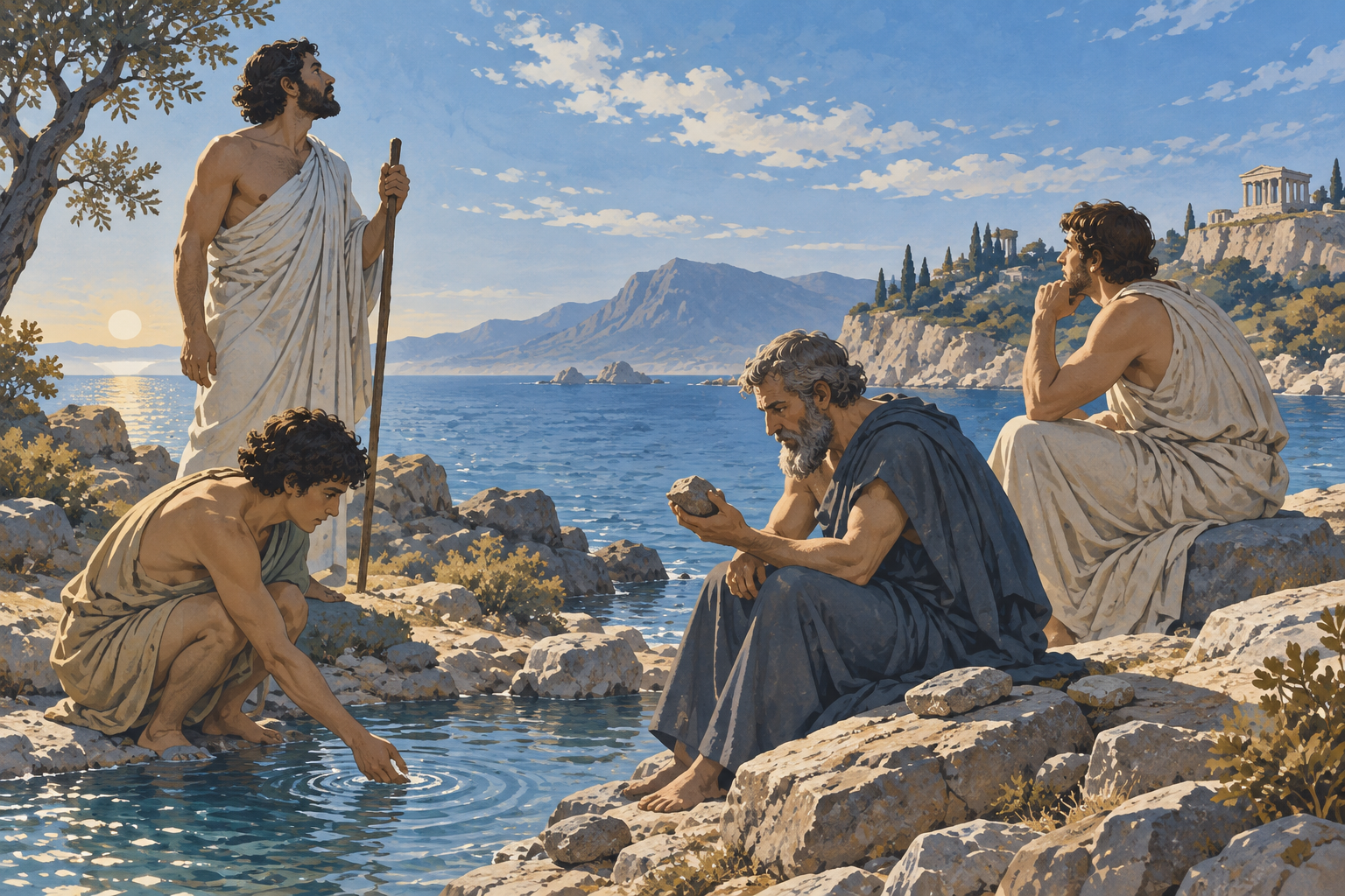 Persone in abiti greci antichi osservano acqua, pietre e cielo in un paesaggio costiero.