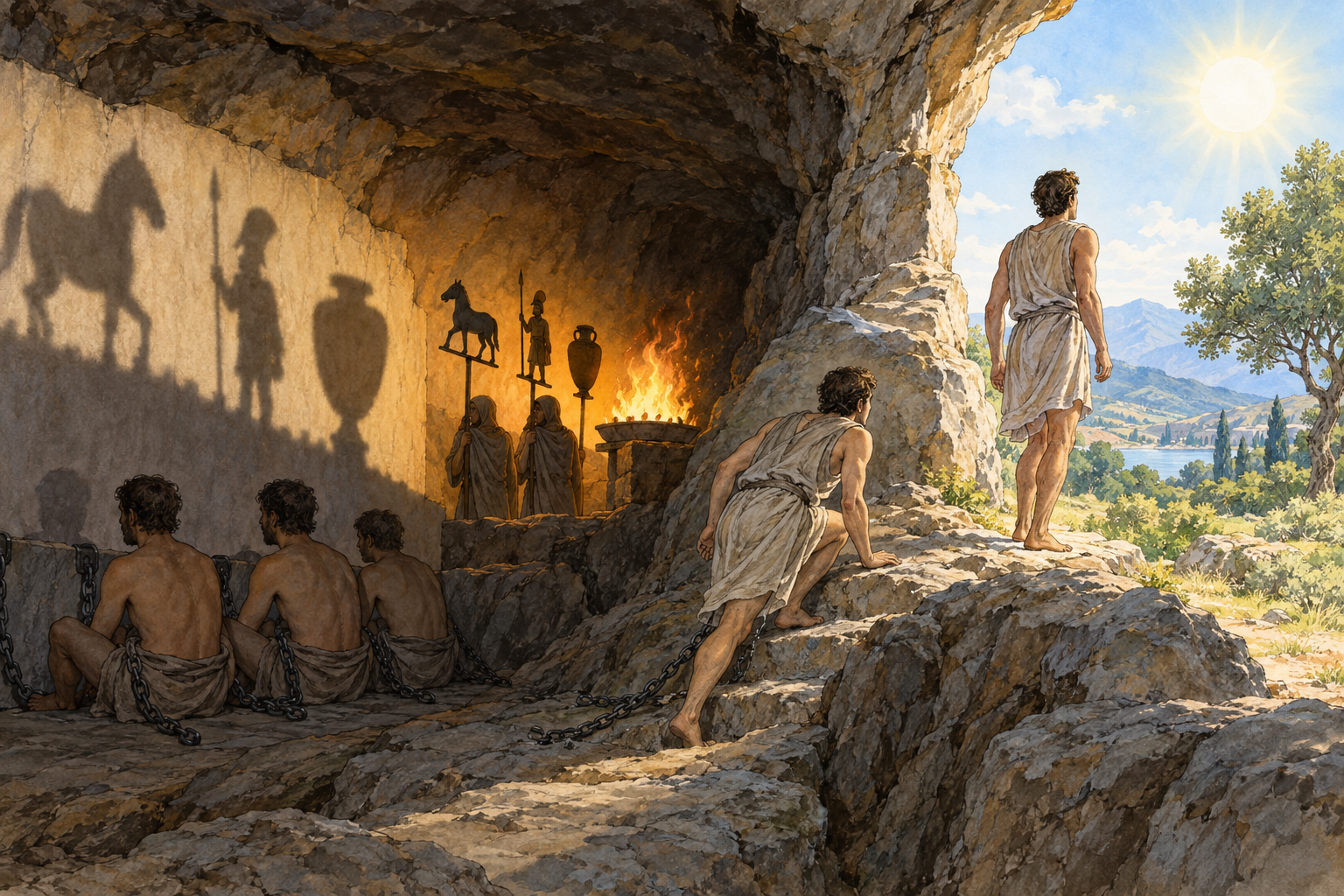 Prigionieri incatenati osservano ombre su una parete; dietro ci sono sagome e fuoco, mentre un altro prigioniero risale verso la luce esterna.
