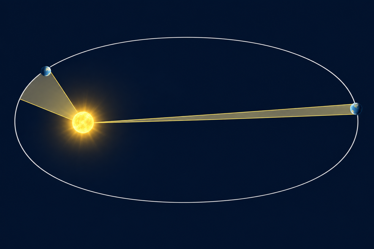 Un'unica orbita ellittica con il Sole presso un fuoco e lo stesso pianeta in due posizioni; due settori evidenziano qualitativamente il moto areolare.