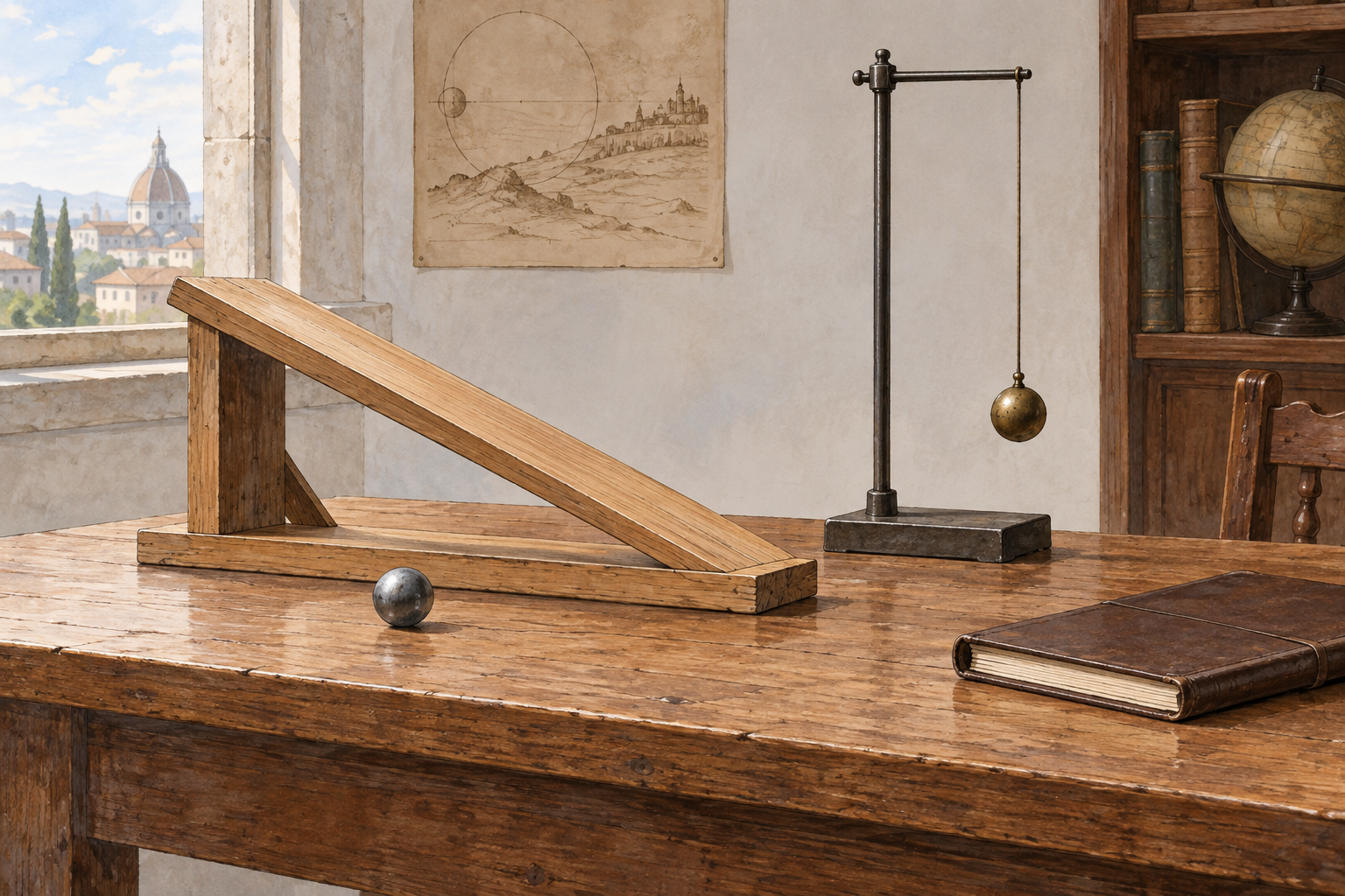 Pallina su un piano inclinato accanto a un pendolo e strumenti da laboratorio senza numeri leggibili.
