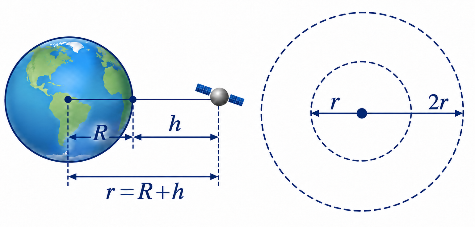 Un pianeta, il suo raggio R e la quota h del satellite mostrano r = R + h; accanto, due orbite concentriche hanno raggi r e 2r.