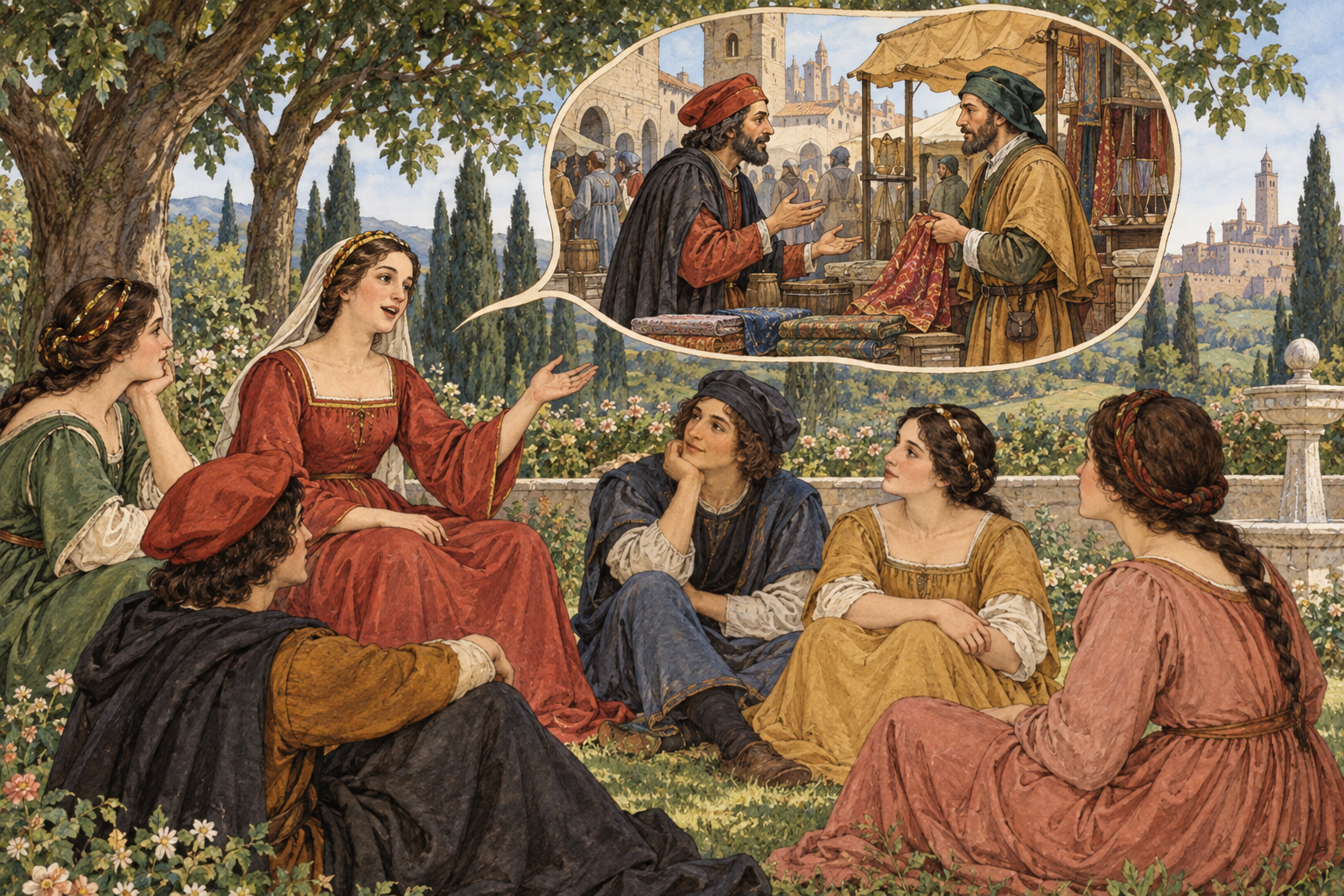 Un gruppo di giovani ascolta una narratrice in un giardino; un riquadro separato mostra due mercanti, scena della novella raccontata.