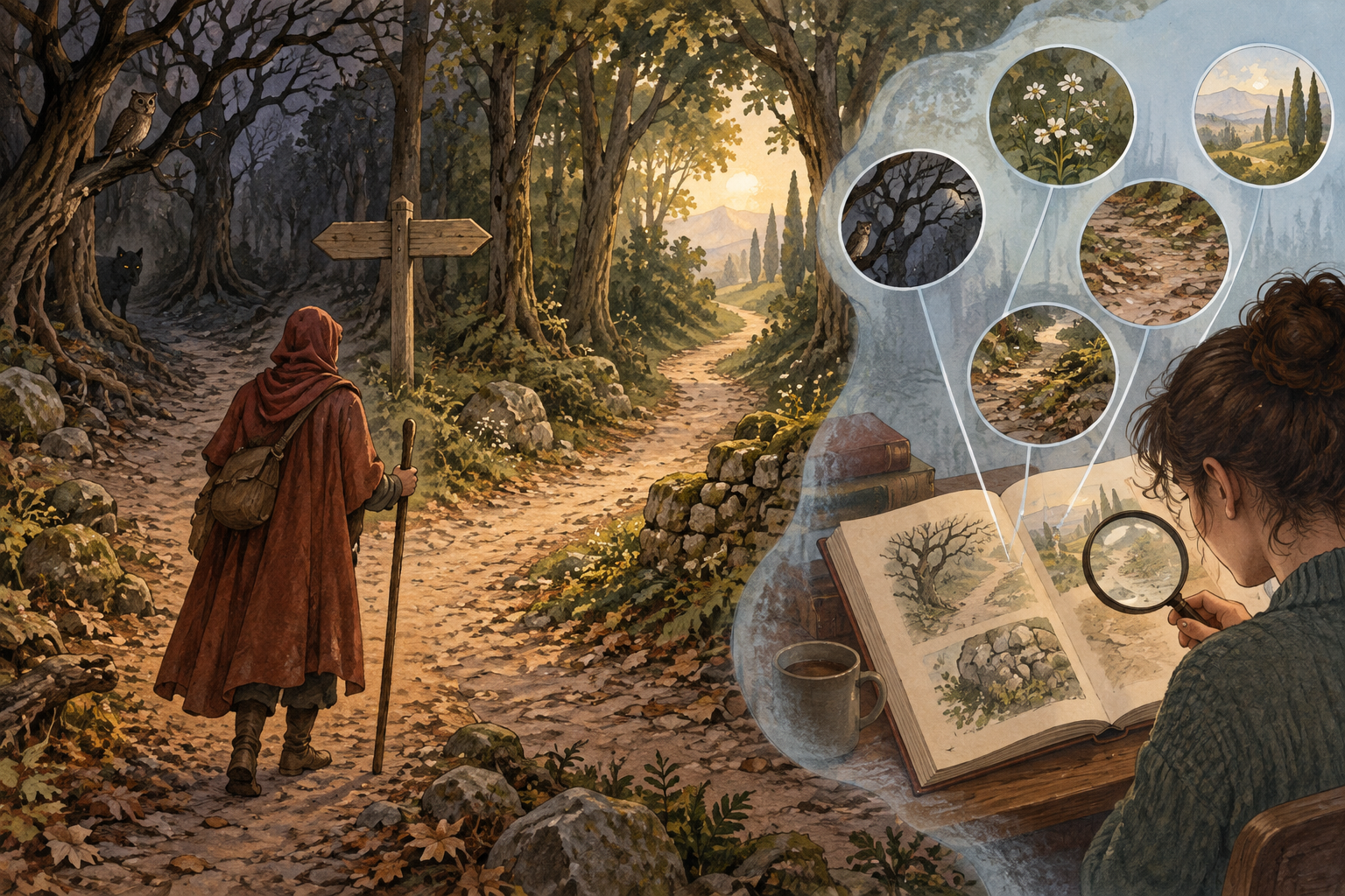A sinistra un viandante anonimo incontra un bivio nel bosco; a destra una lettrice esamina separatamente più indizi illustrati su un libro aperto.