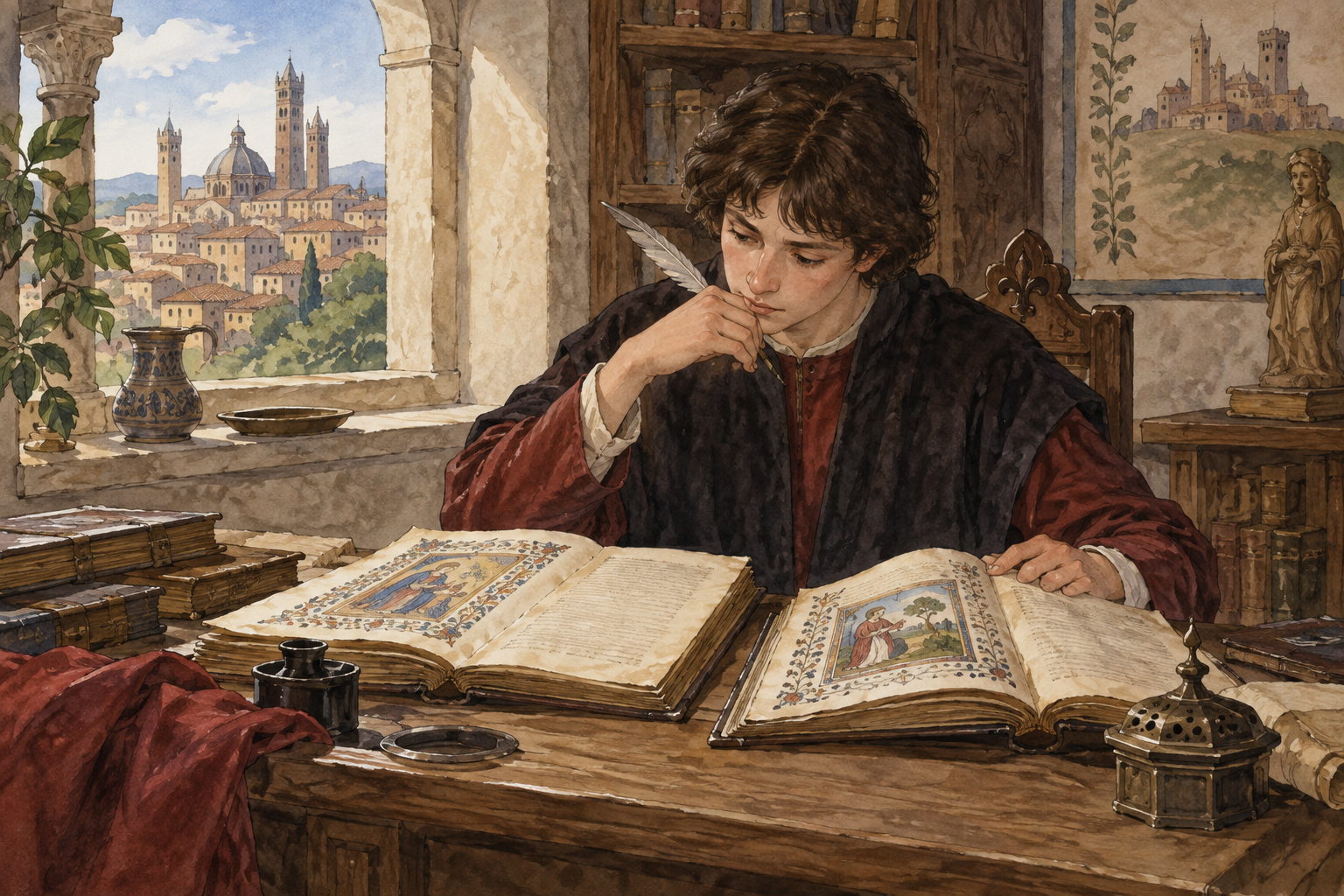 Lettore medievale seduto accanto a due manoscritti decorati; le lettere non sono leggibili.