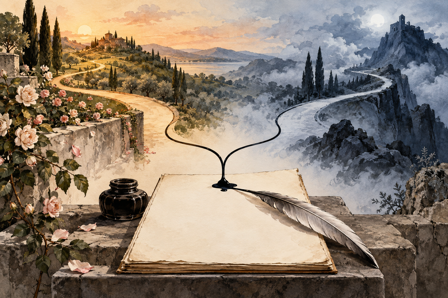 Da una pagina bianca e da un calamaio si biforcano due strade, una luminosa e una cupa, che visualizzano tensioni di un'unica voce poetica senza ritratto storico.