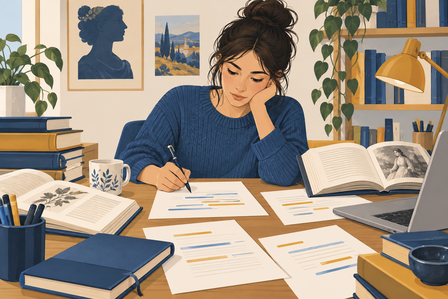 Studentessa moderna prepara un elaborato consultando libri e fogli con segni non leggibili.