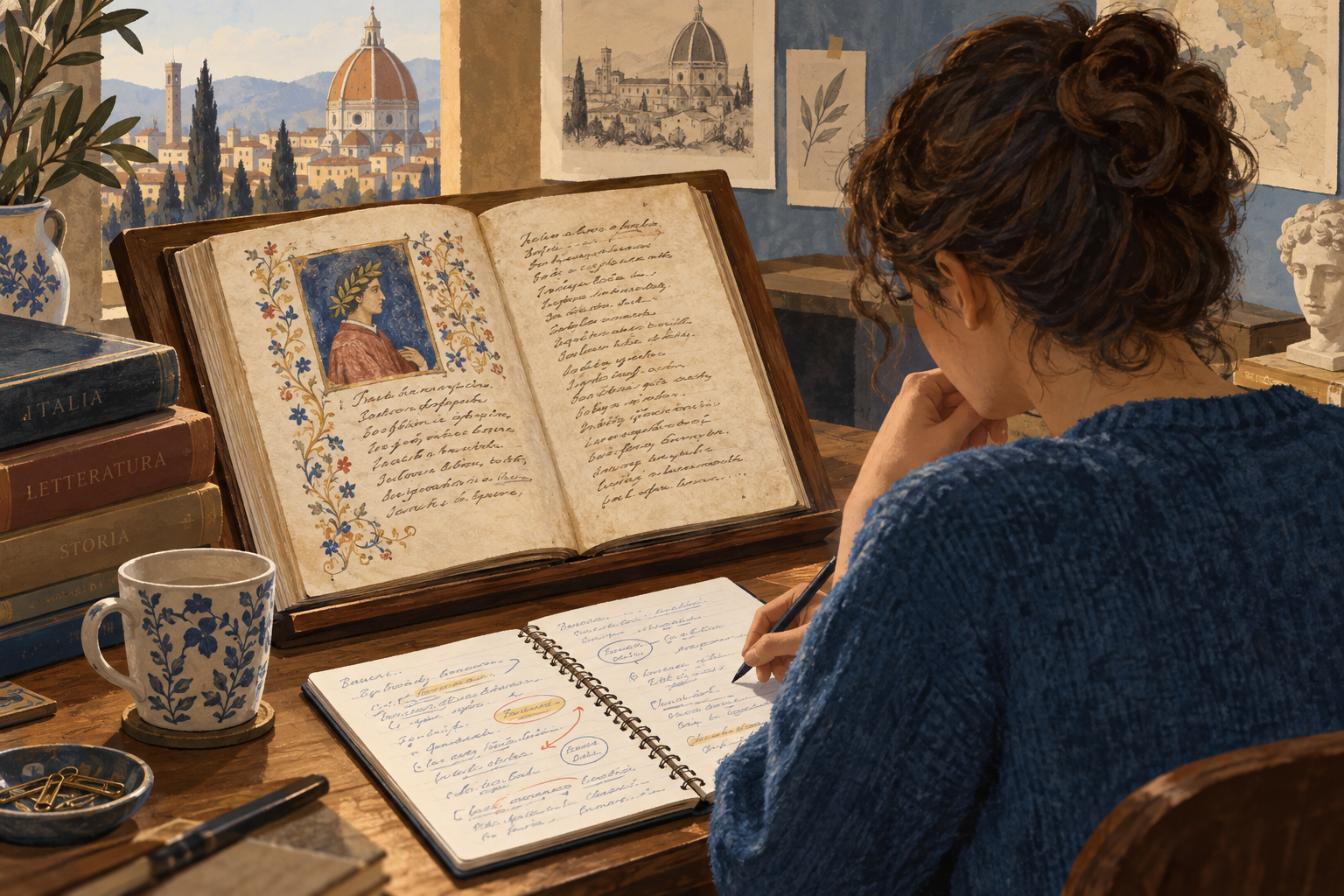 Studentessa consulta un manoscritto illustrativo e appunti nello studio.