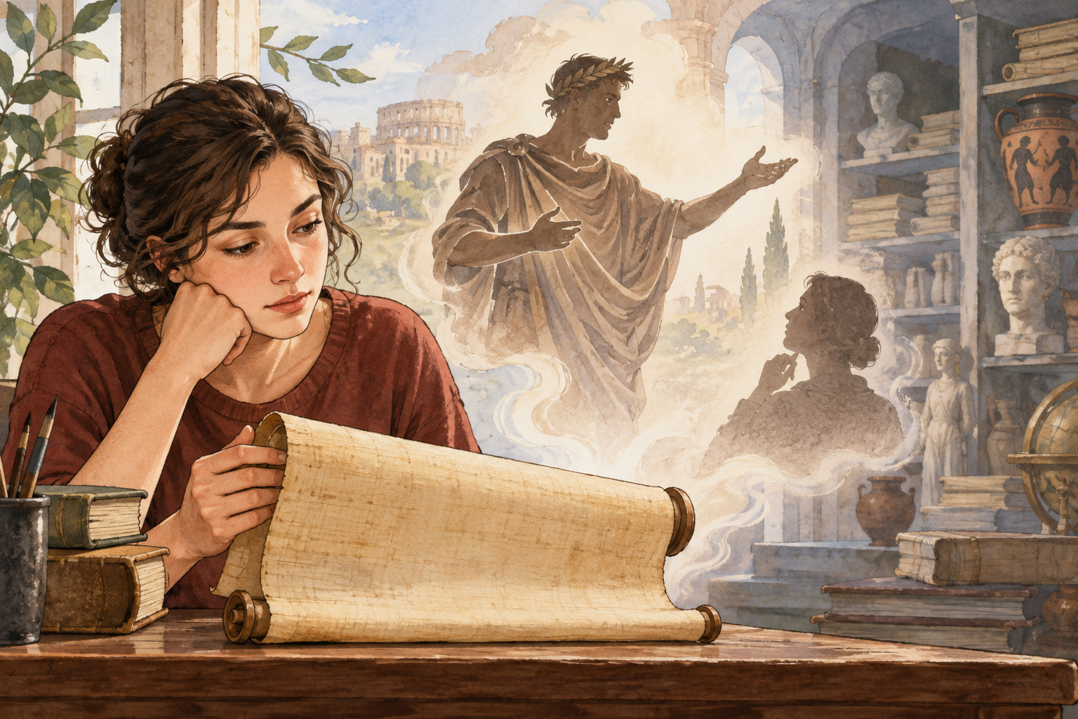 Una lettrice moderna osserva un rotolo senza testo leggibile; un oratore romano immaginario emerge come voce del carme, separato dagli indizi d'archivio sullo sfondo.