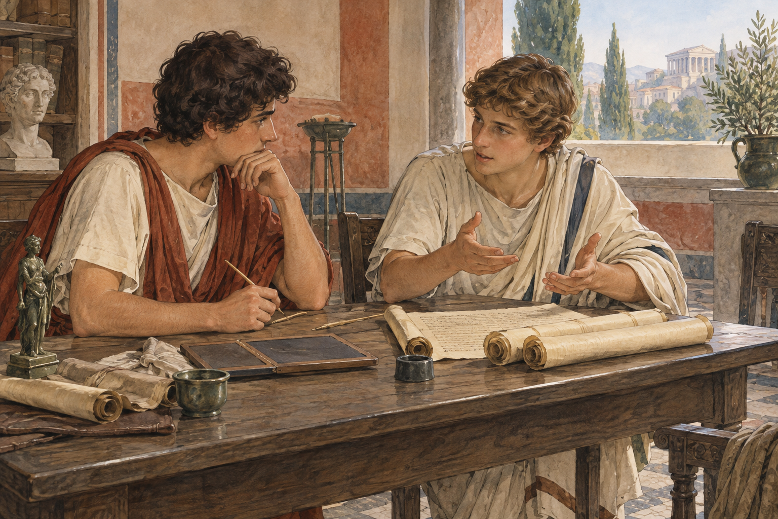 Due figure romane consultano un rotolo di papiro e una tavoletta; la scrittura è indistinta.