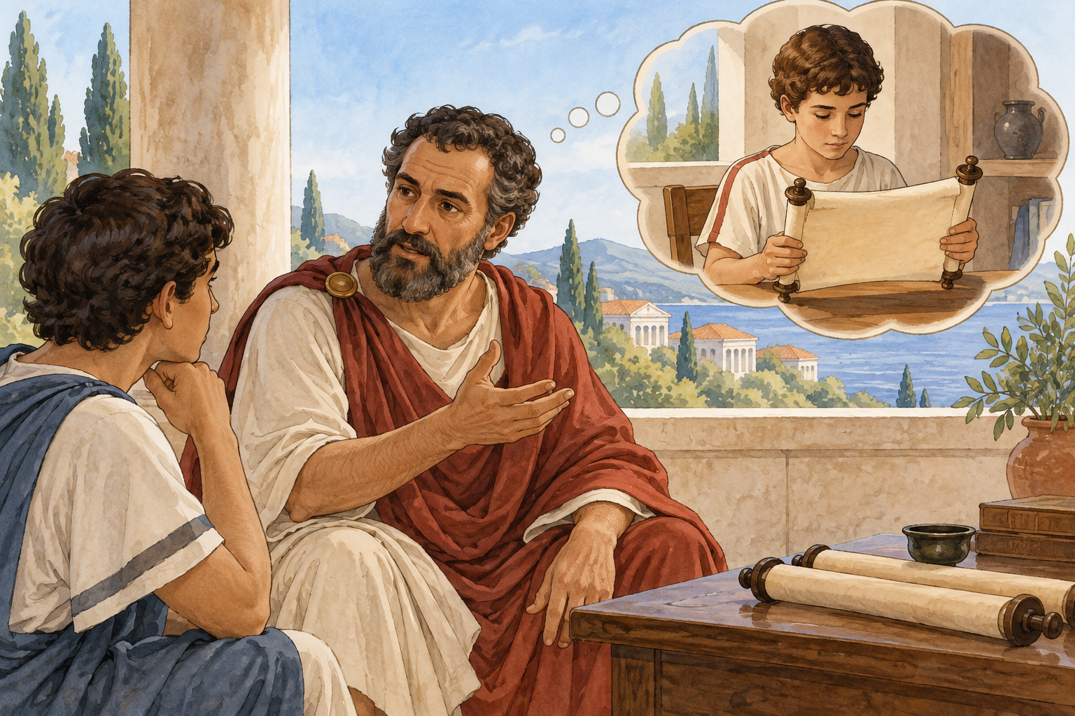 Un maestro romano parla a un ascoltatore; in una scena immaginata separata, uno studente diverso legge un rotolo vuoto, mostrando il soggetto dell'azione interna.