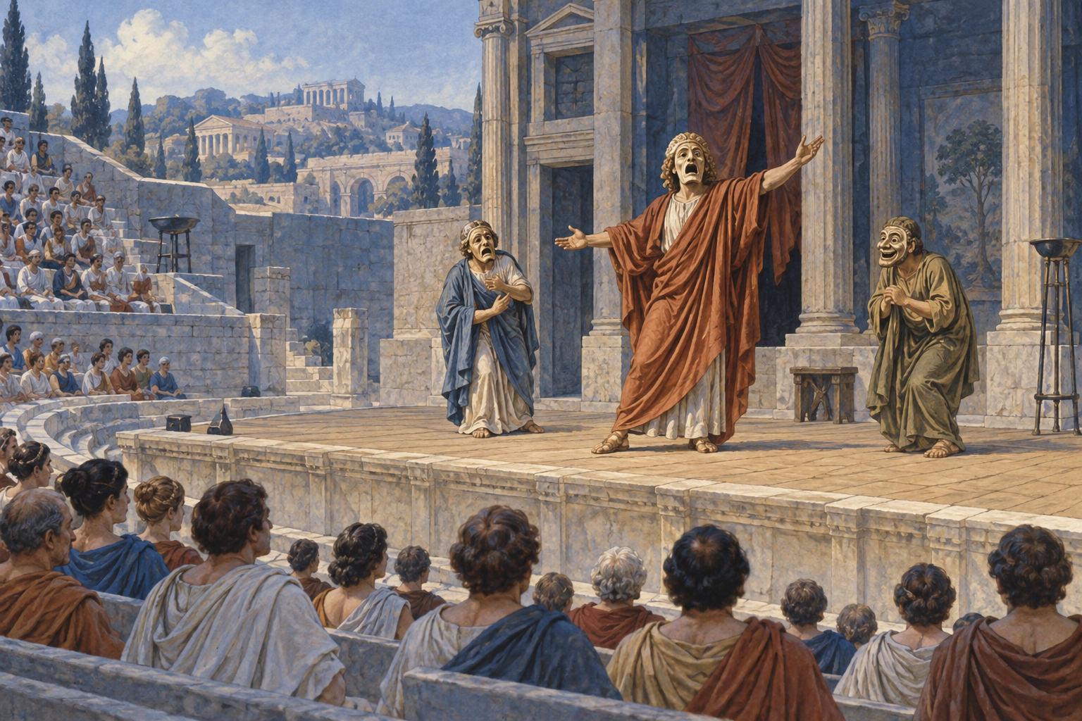Scena teatrale romana immaginaria con maschere e attori.