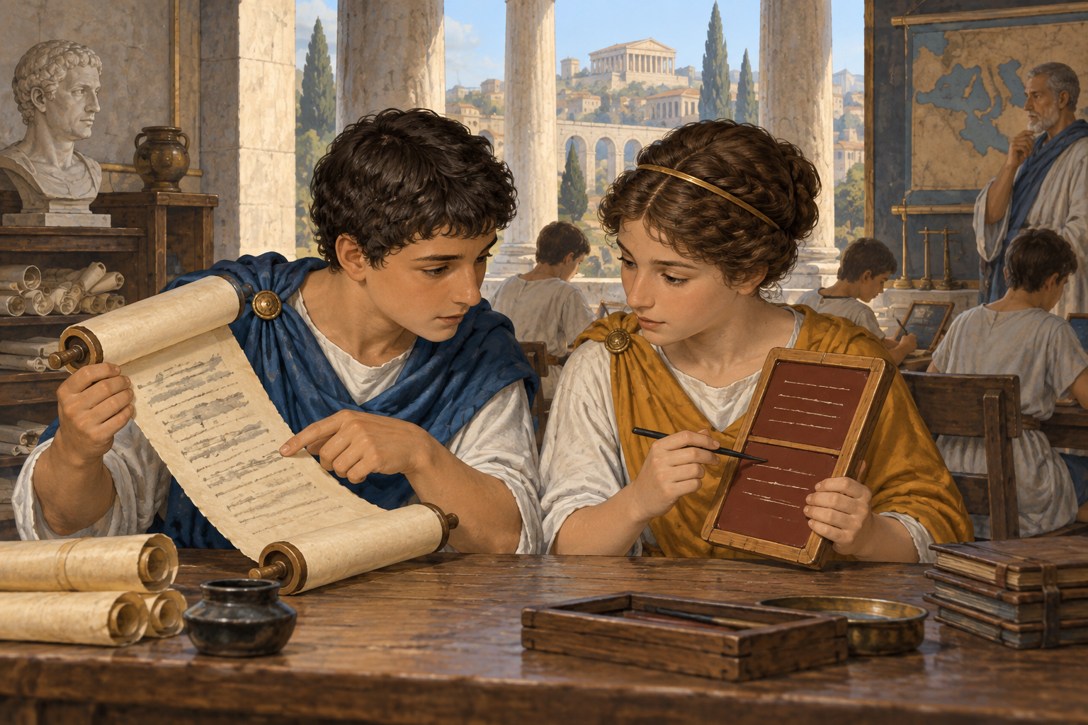 Due studenti in un'aula romana confrontano un rotolo e una tavoletta con segni non leggibili.